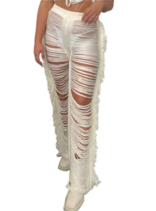 TEEK - Ripped Side Tassel Pants PANTS theteekdotcom White S