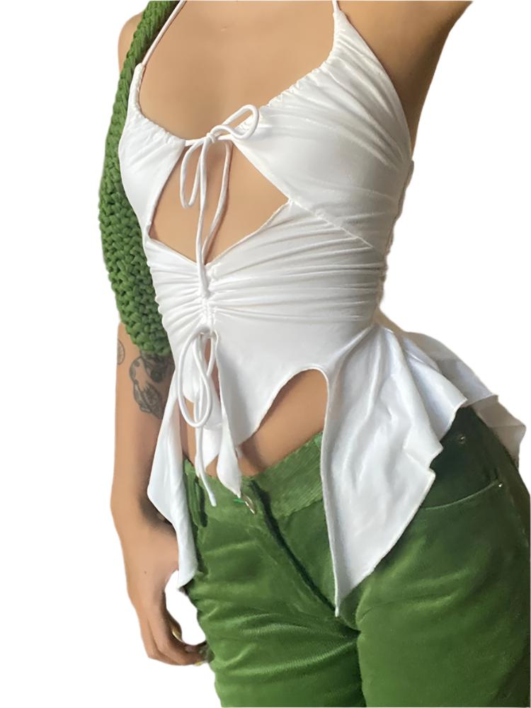 TEEK - Ruffle Cut Out Drawstring Tank TOPS theteekdotcom white S