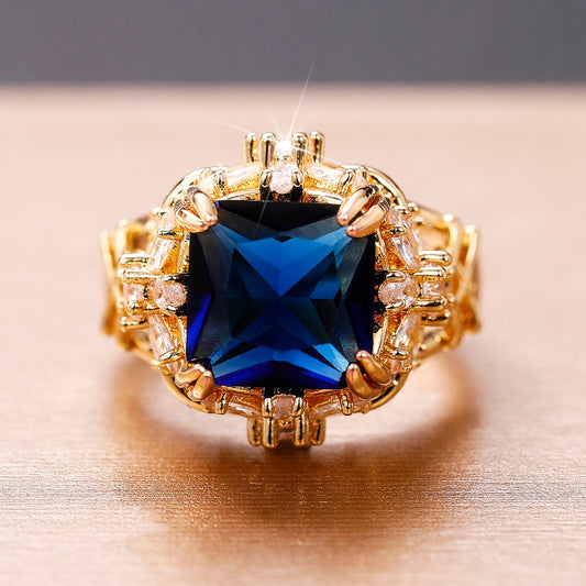 TEEK - Square Blue CZ Gold Tone Ring JEWELRY theteekdotcom