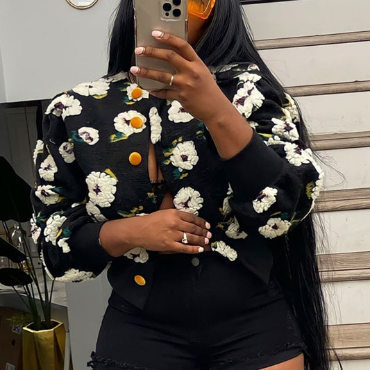 TEEK - Button Front Floral Touch Jacket JACKET theteekdotcom black white S