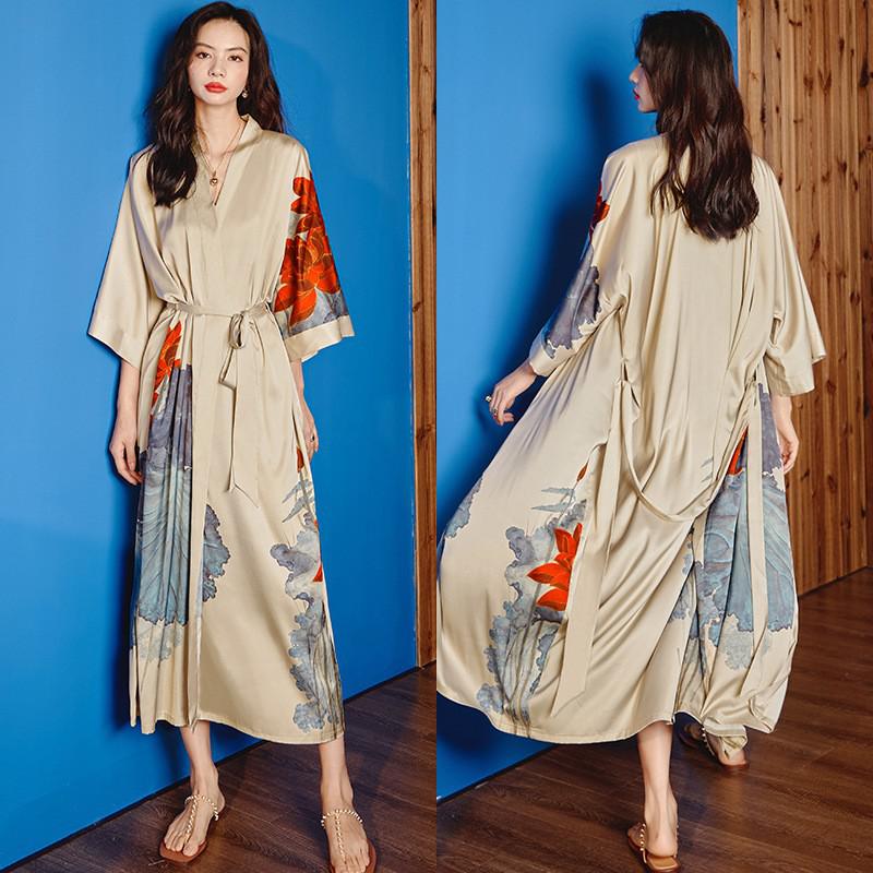 TEEK - Print Flower Long Robe Loungewear ROBE theteekdotcom Khaki Flower One Size