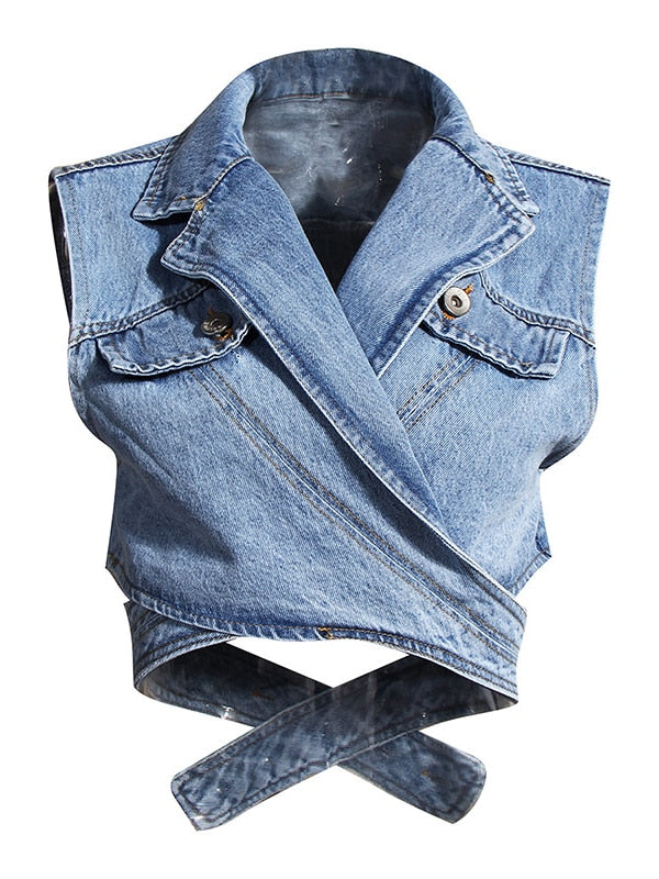 TEEK - Crossed Cropped Denim Top TOPS theteekdotcom as shown S