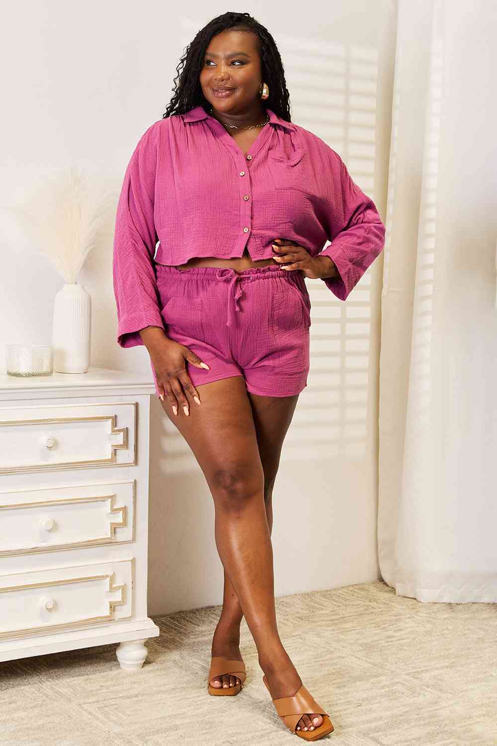 TEEK - Fuchsia Buttoned Long Sleeve Lounge Set SET TEEK Trend