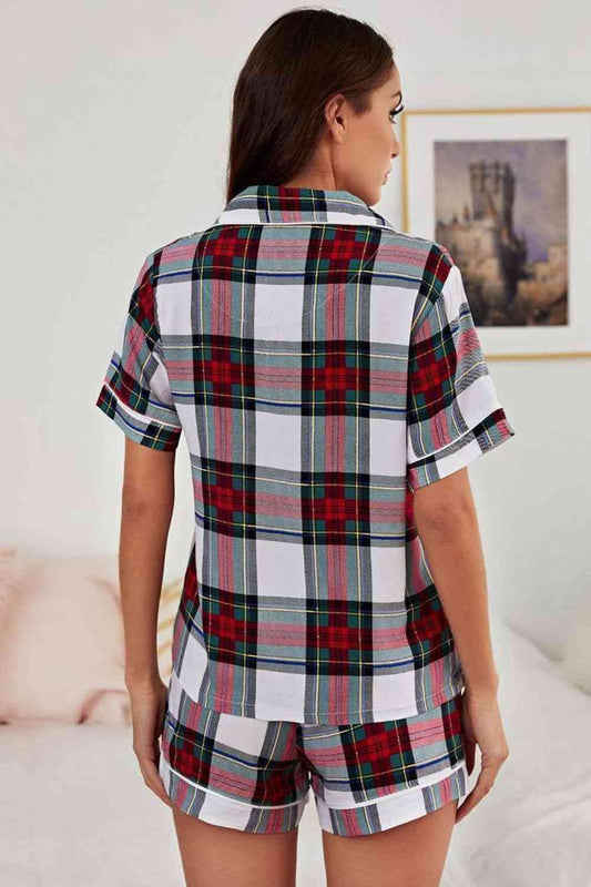 TEEK - Plaid Collared Short Sleeve Two-Piece Lounge Set SET TEEK Trend