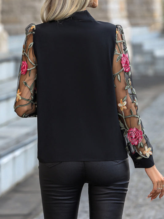 TEEK - Black Floral Sheer Tie Neck Long Sleeve Blouse TOPS TEEK Trend