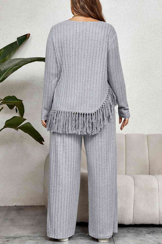 TEEK - Cloudy Blue Plus Size Tassel Hem Top and Pants Set SET TEEK Trend