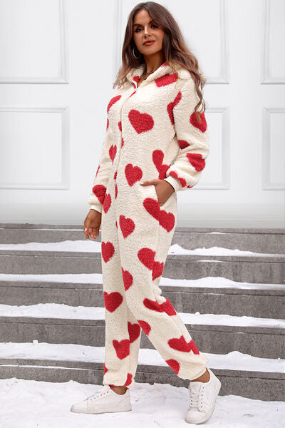 TEEK - Fuzzy Heart Hooded Lounge Jumpsuit JUMPSUIT TEEK Trend