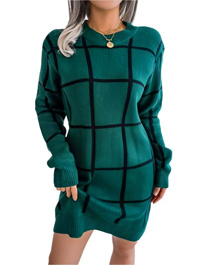Plaid Round Neck Dropped Shoulder Sweater Dress Black Forest / L Plaid Round Neck Dropped Shoulder Sweater Dress Black Forest / L