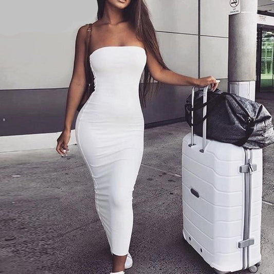 TEEK - Straight Tube Long Bodycon Dress DRESS theteekdotcom White S