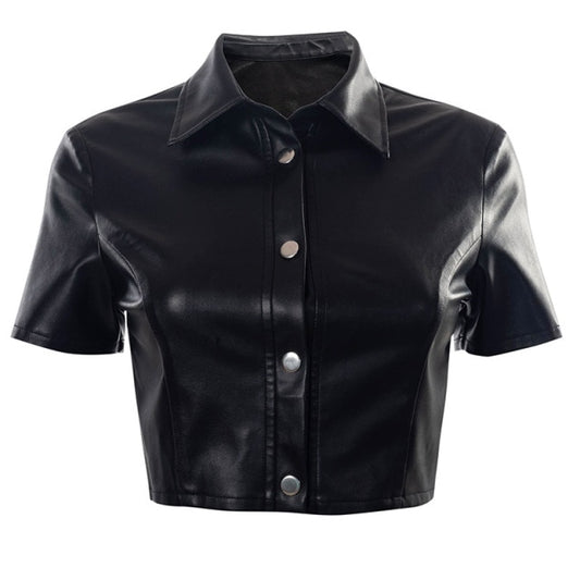 TEEK - PU Leather Button Up Crop Streetwear Top TOPS theteekdotcom Black S