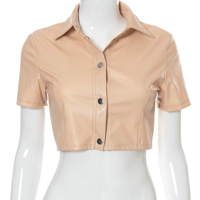TEEK - PU Leather Button Up Crop Streetwear Top TOPS theteekdotcom Nude S