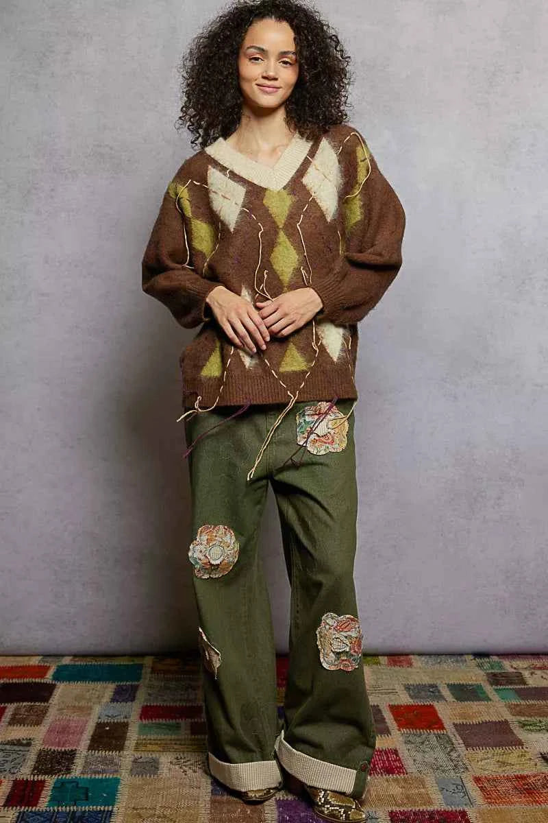 TEEK - V-Neck Argyle Pattern Mohair Contrast Exposed Stitch Sweater TOPS TEEK Trend