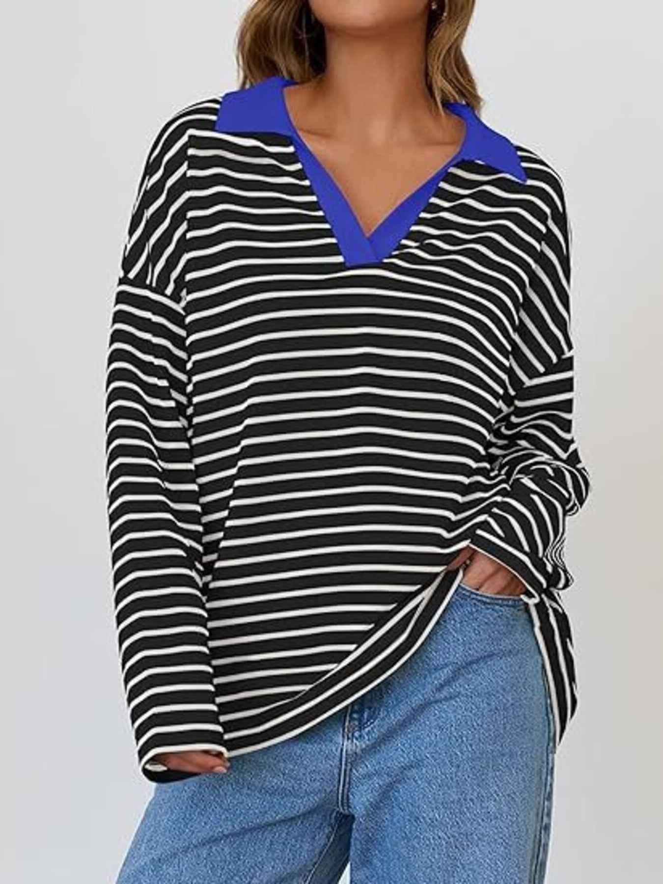 Striped Contrast Collar Long Sleeve Top Trendsi