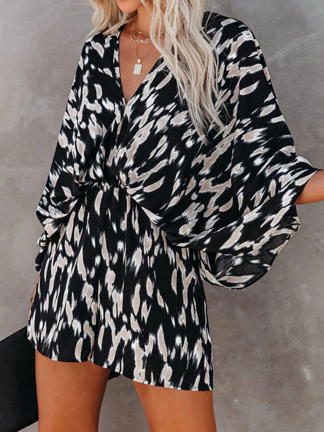 TEEK - Tied Printed Kimono Sleeve Romper JUMPSUIT TEEK Trend   