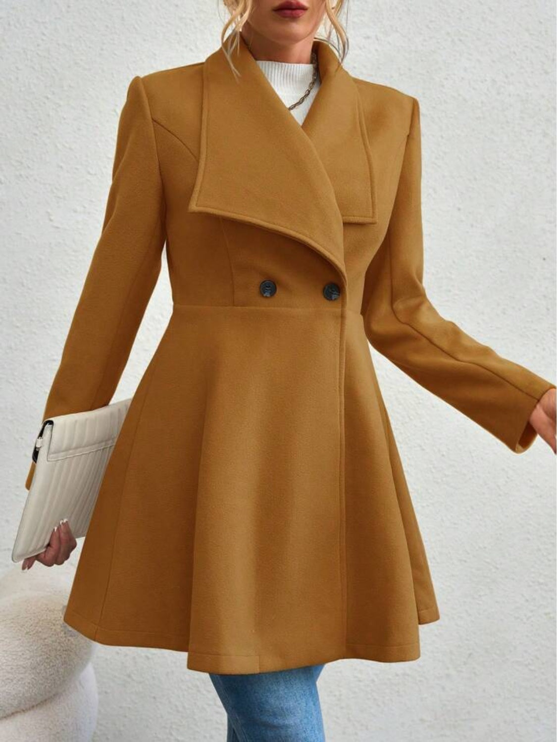 Collared Neck Button Up Long Sleeve Coat TEEK Trend