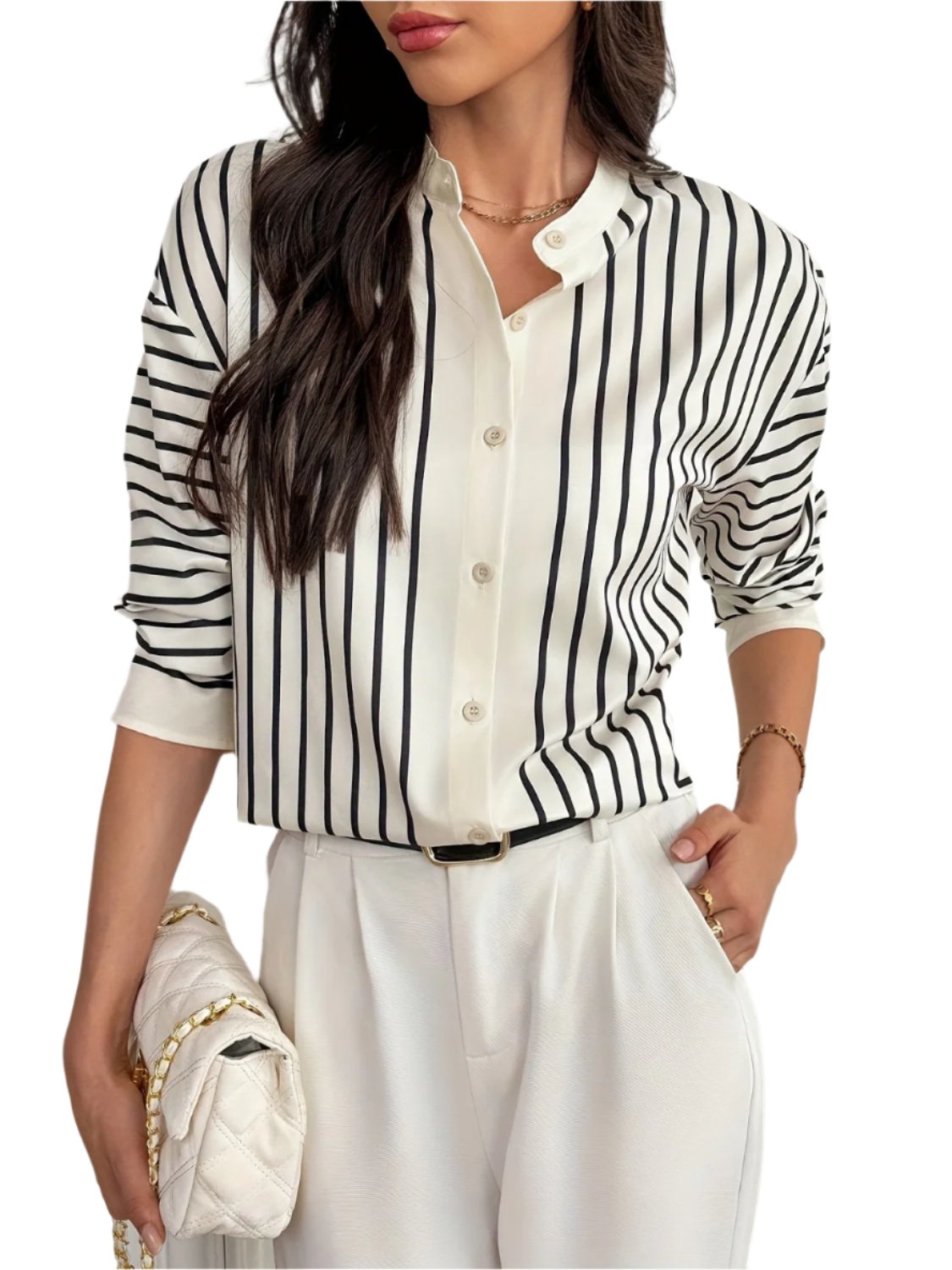 Striped Mock Neck Long Sleeve Shirt TEEK Trend Cream S