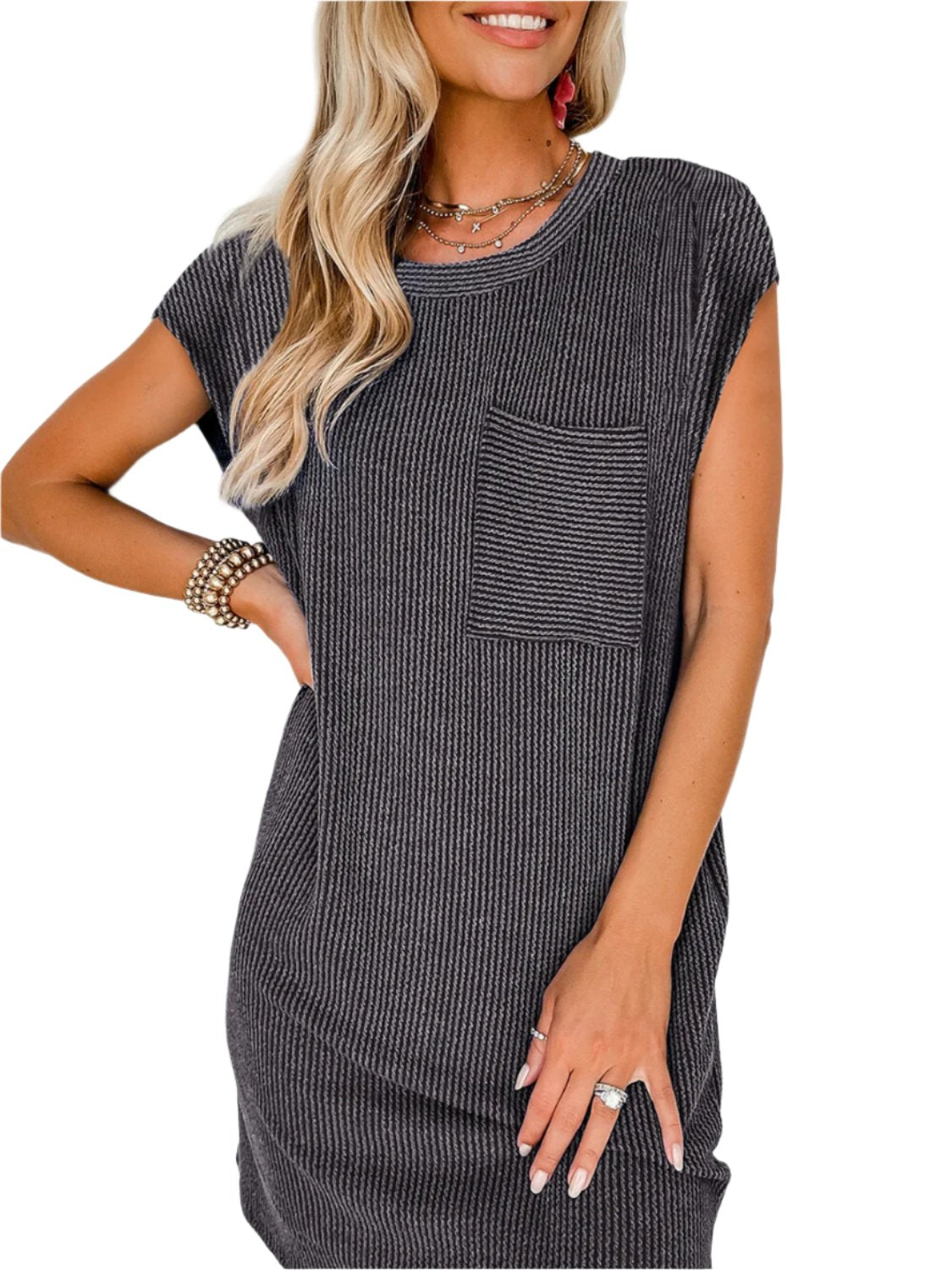 TEEK - Round Neck Short Sleeve Mini Dress TOPS TEEK Trend Charcoal S 