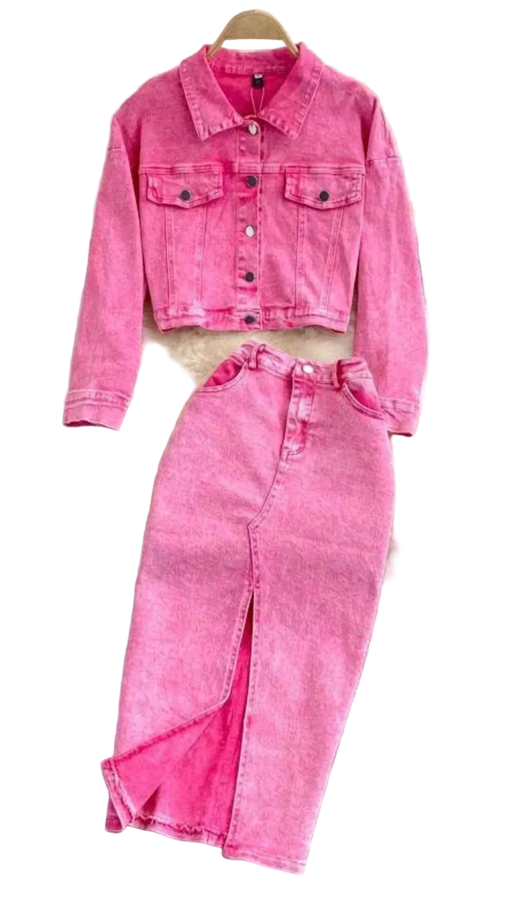 TEEK - Button Up Jacket and Slit Skirt Denim Set SET TEEK Trend Pink S