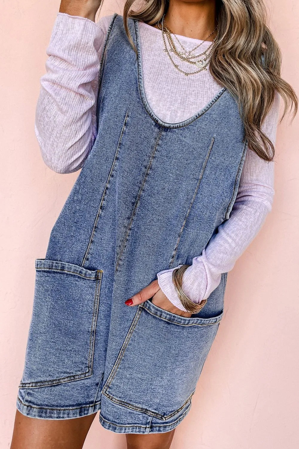 TEEK - U-Neck Patched Pocket Denim Overalls JUMPSUIT TEEK Trend