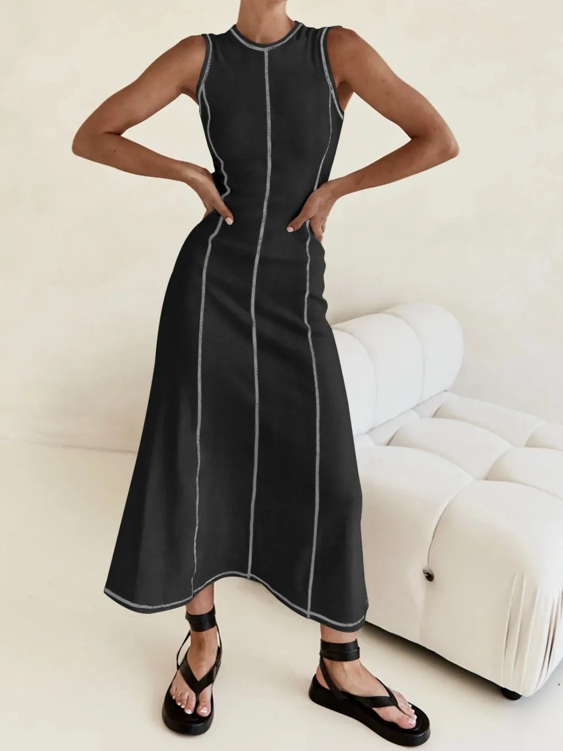 TEEK - Contrast Stitching Round Neck Sleeveless Dress DRESS TEEK Trend
