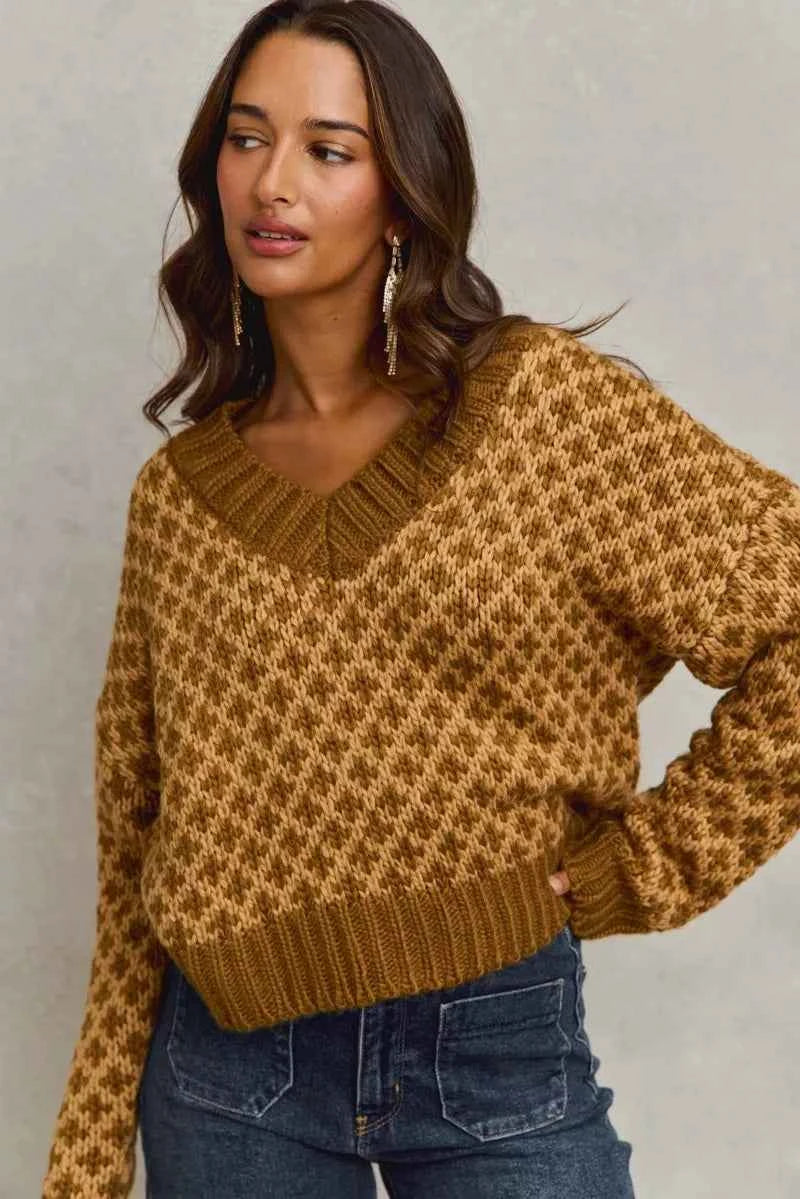 TEEK - Color Block Textured Sweater V-Neck Top TOPS TEEK Trend