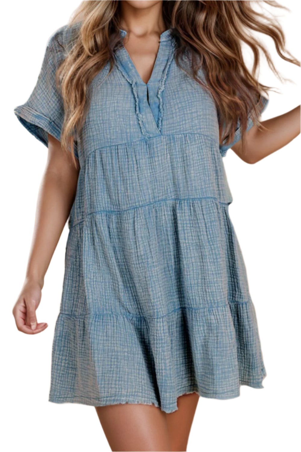 TEEK - Tiered Notched Short Sleeve Dres DRESS TEEK Trend Misty  Blue S 