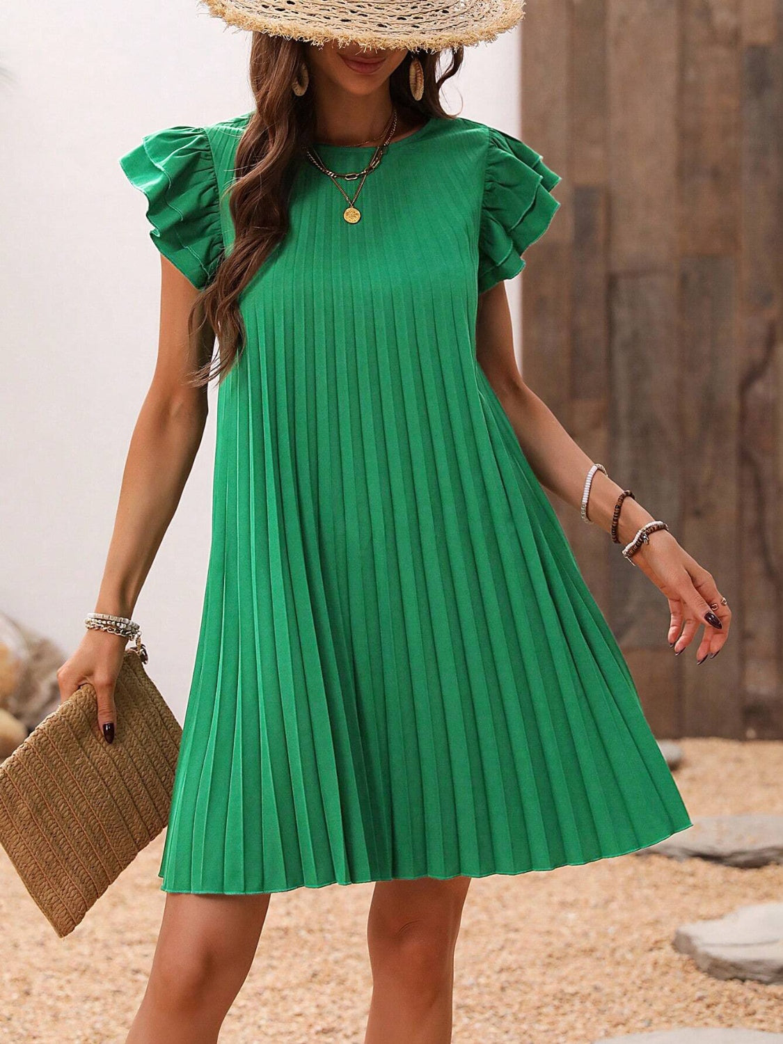 TEEK - Dark Green Pleated Round Neck Cap Sleeve Dress DRESS TEEK Trend   