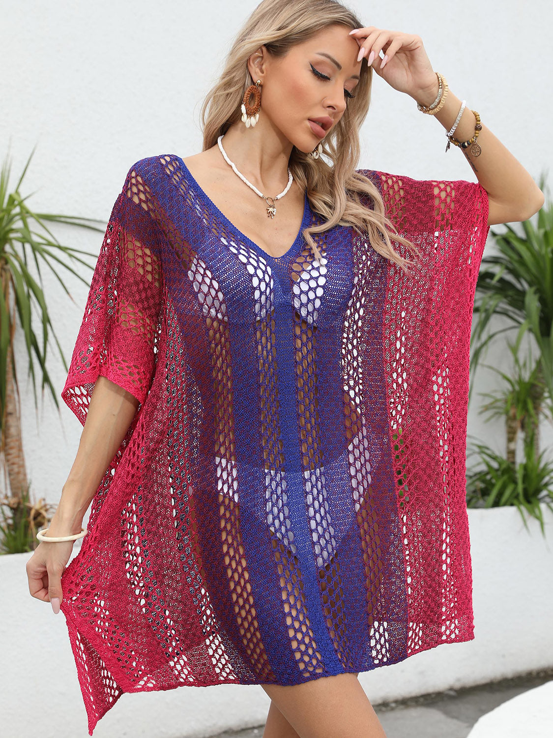 TEEK - Openwork Contrast V-Neck Cover-Up SHAWL TEEK Trend   