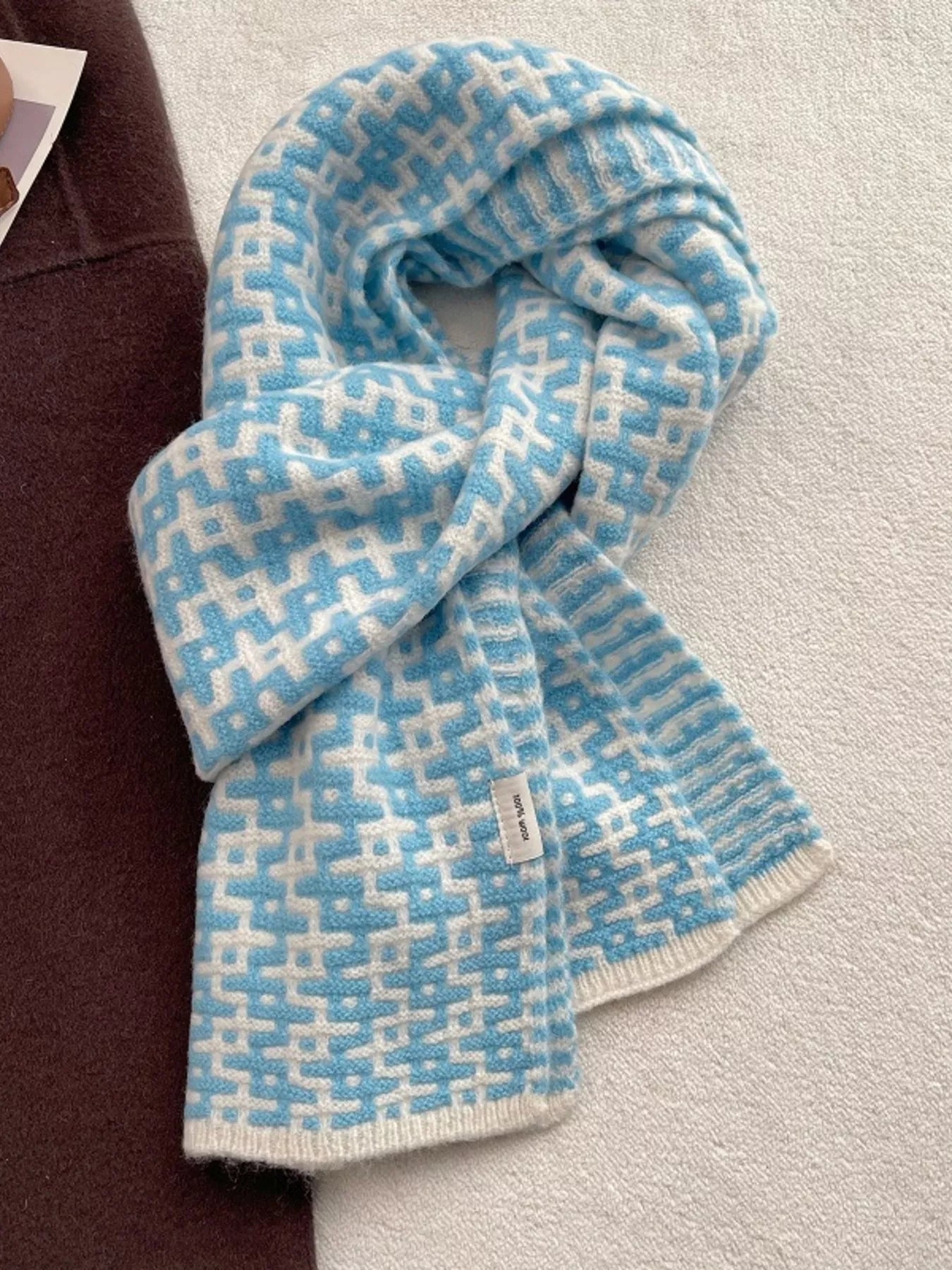 Wool Geometric Pattern Knitted Warm Scarf Trendsi Blue ONESIZE