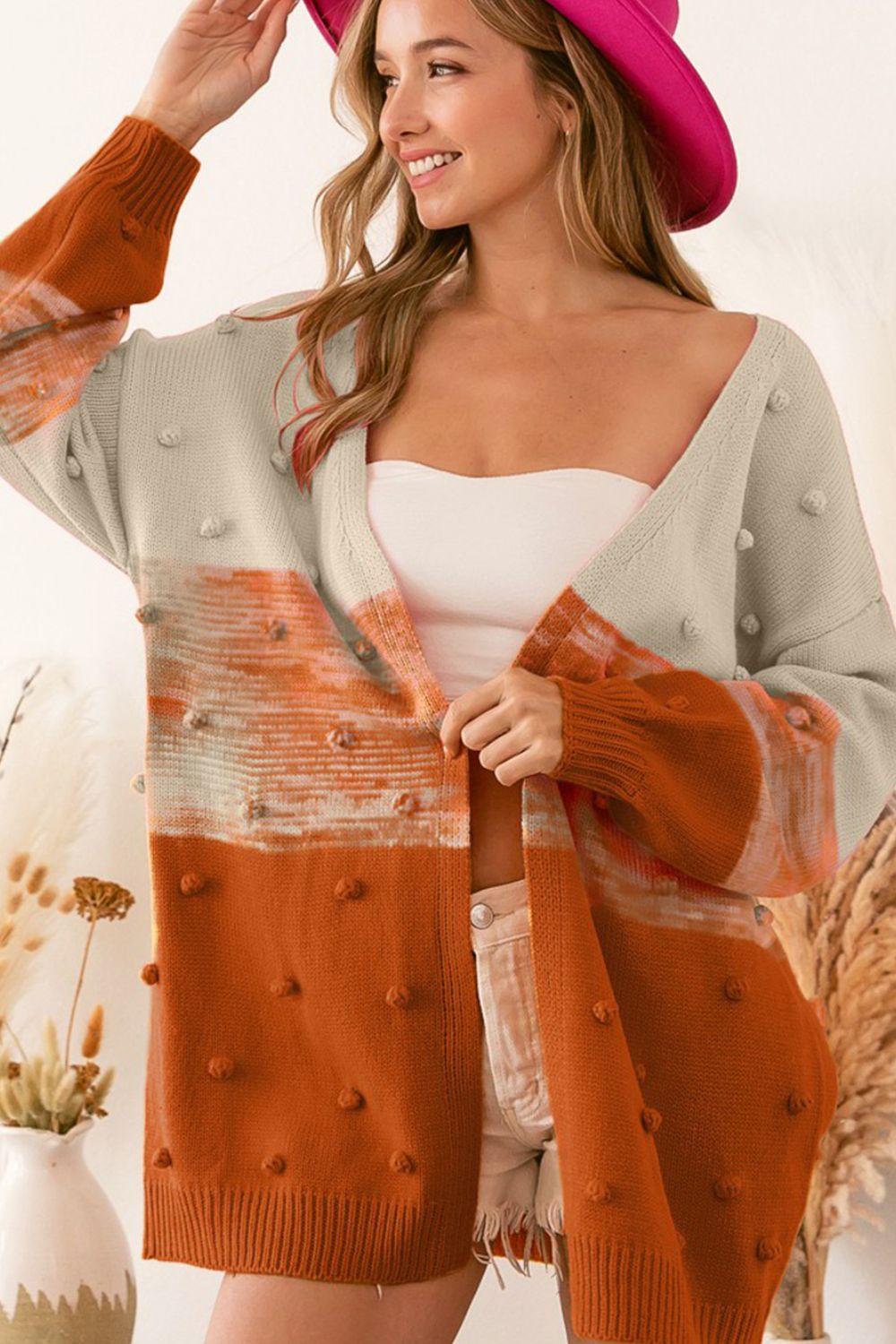 TEEK - Pompom Color Block Open Front Cardigan SWEATER TEEK Trend