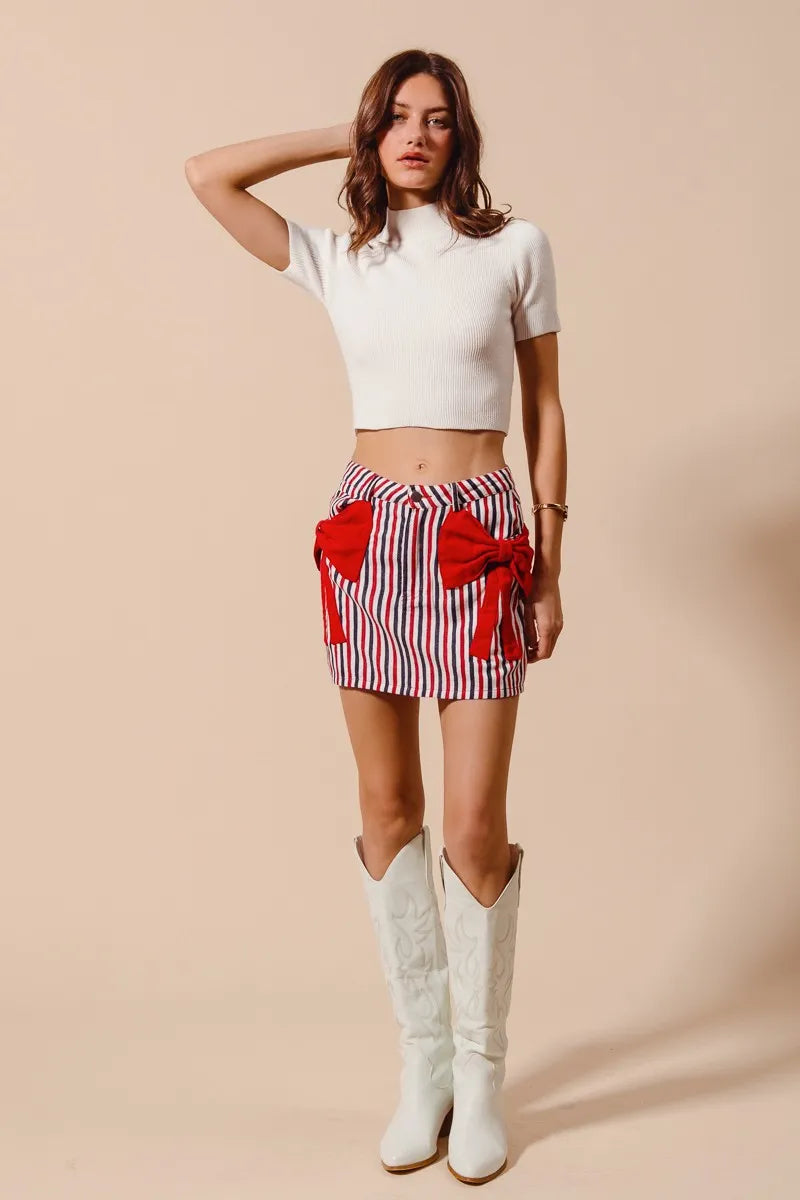 TEEK - Red Contrast Bow Knot Pocket Striped Denim Skirt SKIRT TEEK Trend