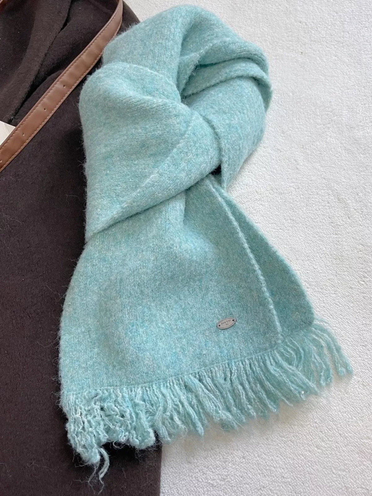 Fringe Hem Knitted Scarf Trendsi Lake Blue ONESIZE