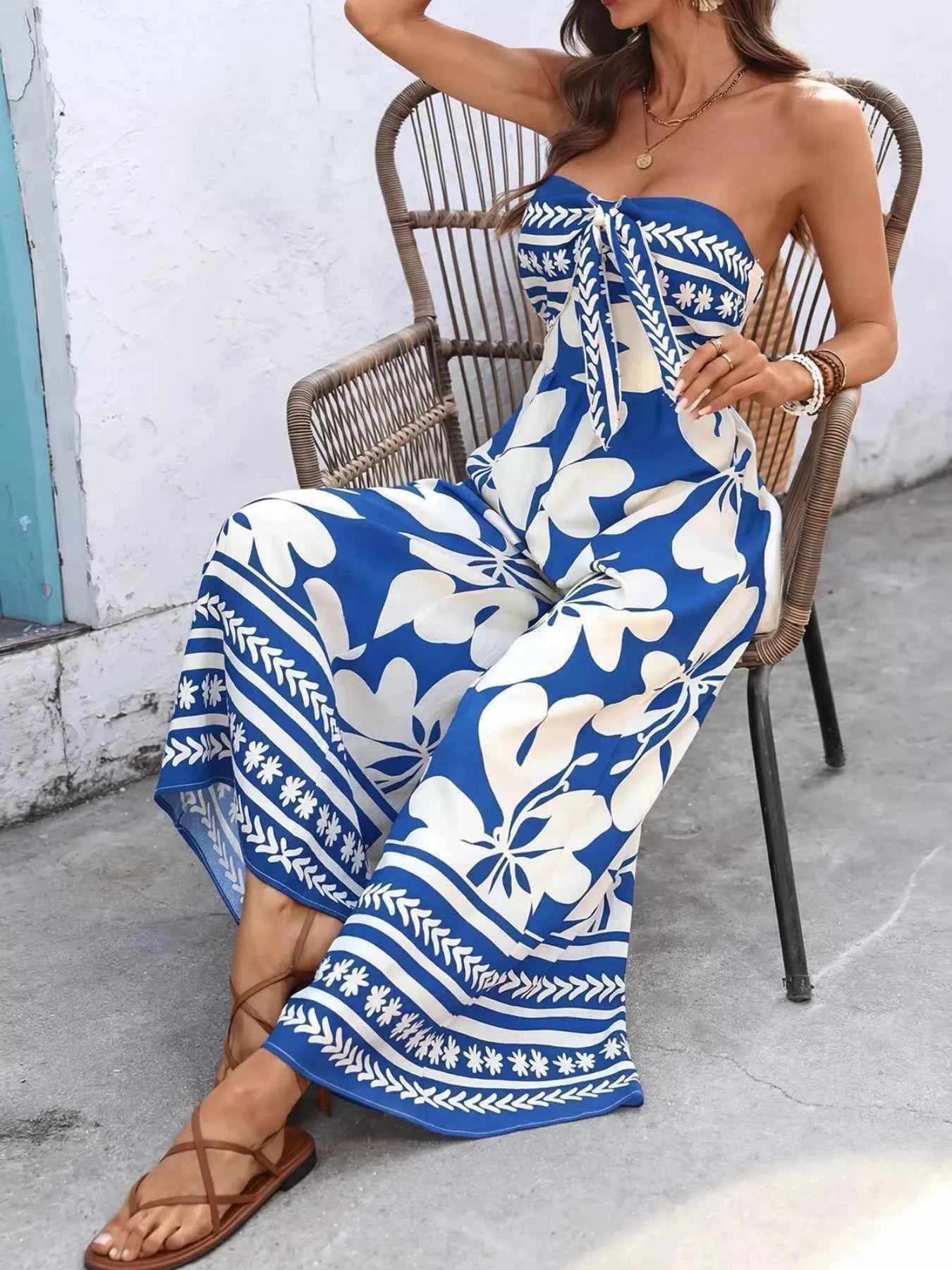 TEEK - Floral Print Tie Front Strapless Wide Leg Jumpsuit JUMPSUIT TEEK Trend
