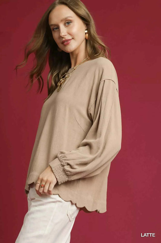 TEEK - Linen Scallop Hem Long Sleeve Blouse TOPS TEEK Trend