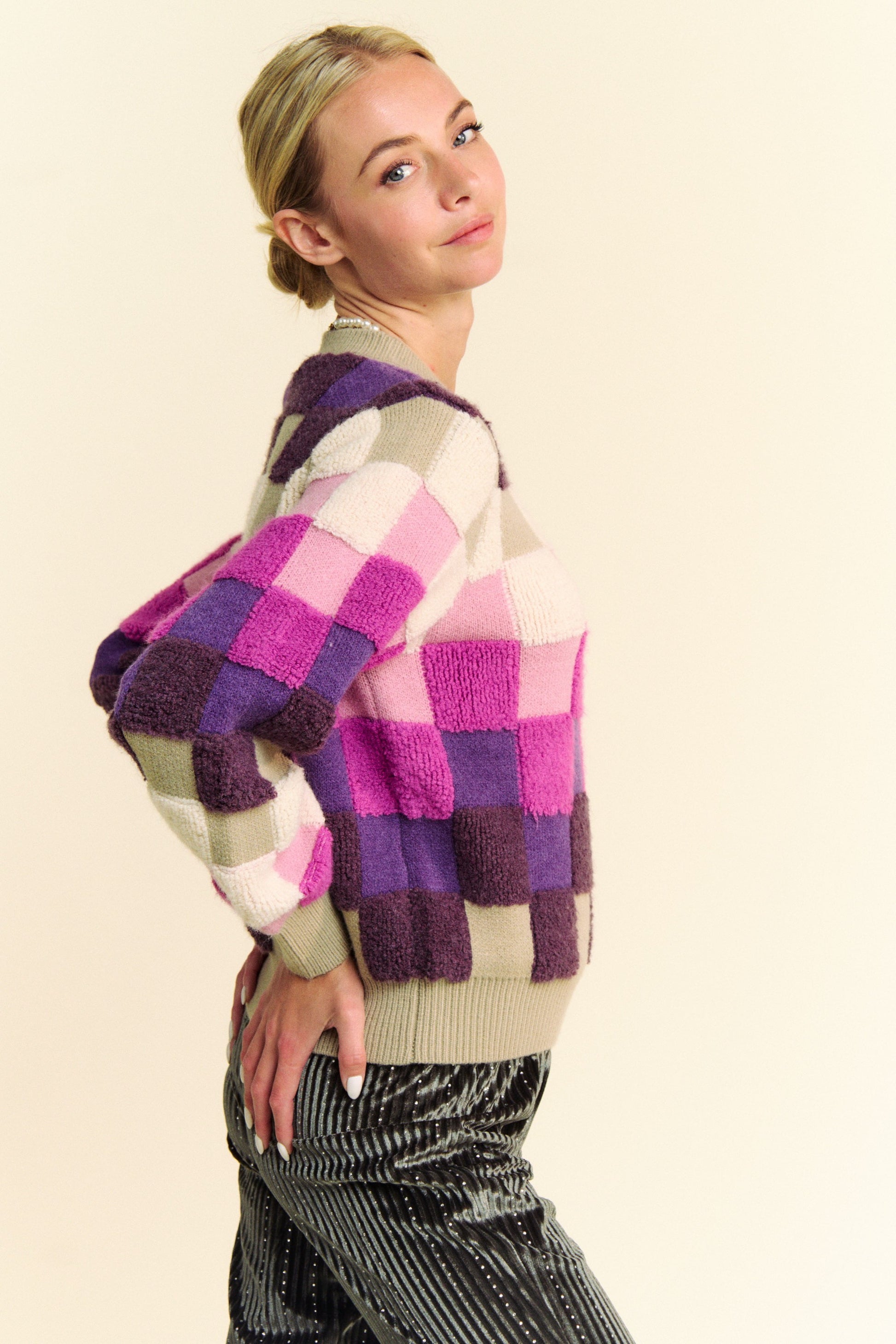 TEEK - Purple Multi Checkered Round Neck Long Sleeve Sweater TOPS TEEK Trend