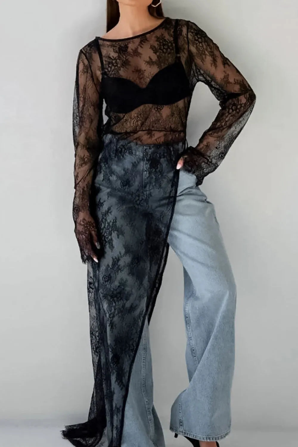 TEEK - Black Fringe Round Neck Long Sleeve Lace Sheer Top TOPS TEEK Trend