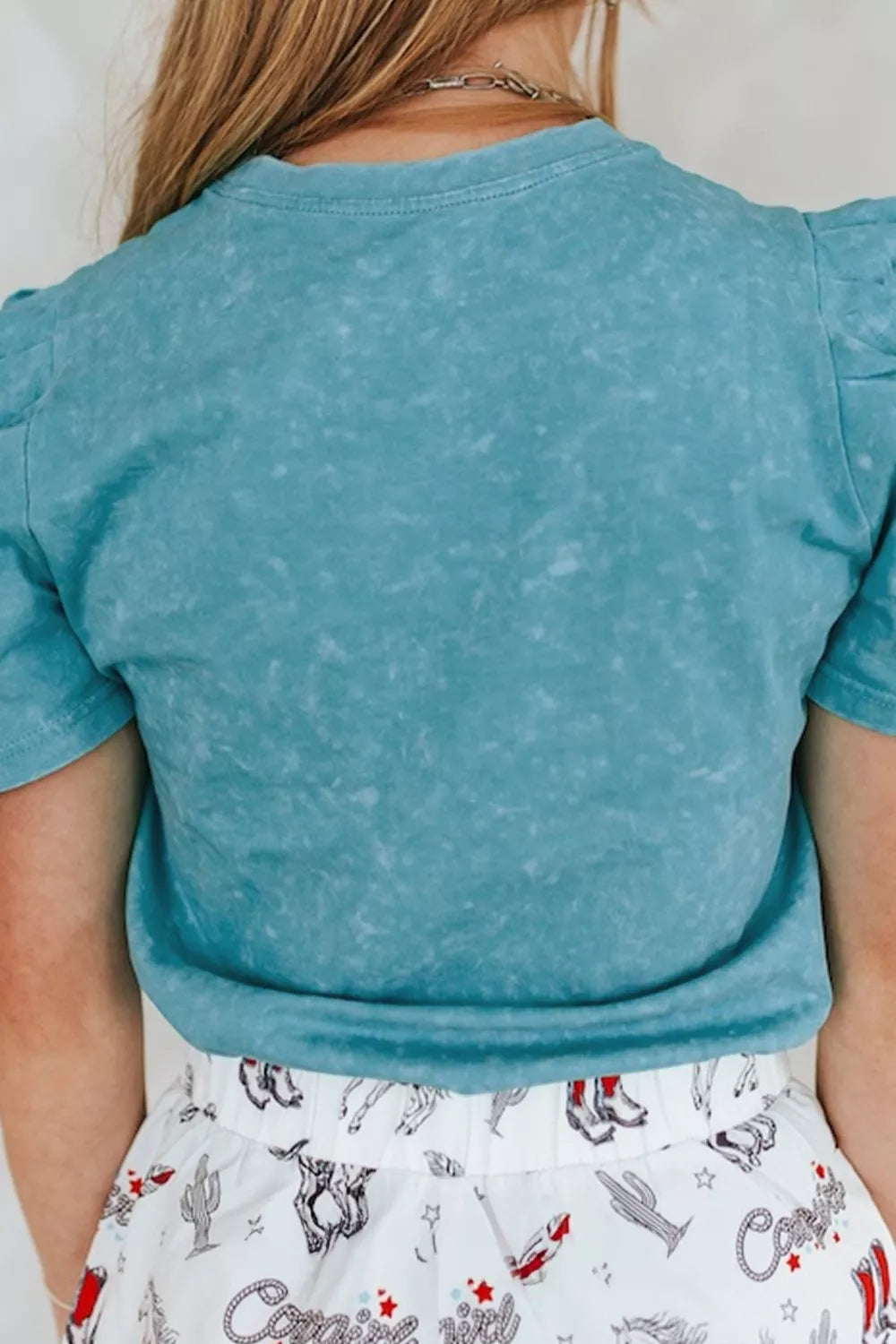 Vintage Wash Embroidered Puff Sleeve T-Shirt Trendsi