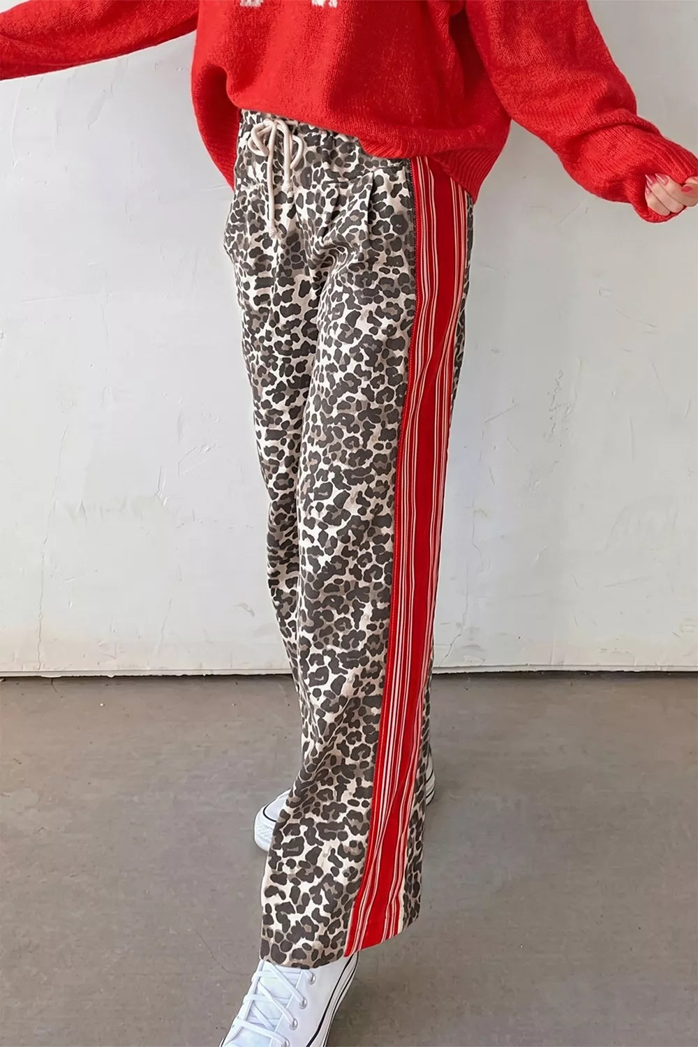 Leopard Patchwork Elastic Waist Jeans Trendsi