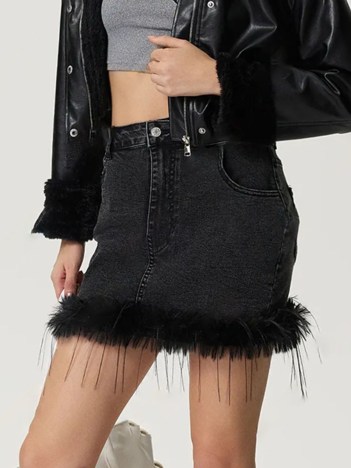 TEEK - Black Plush Hem Mini Denim Skirt TEEK Trend