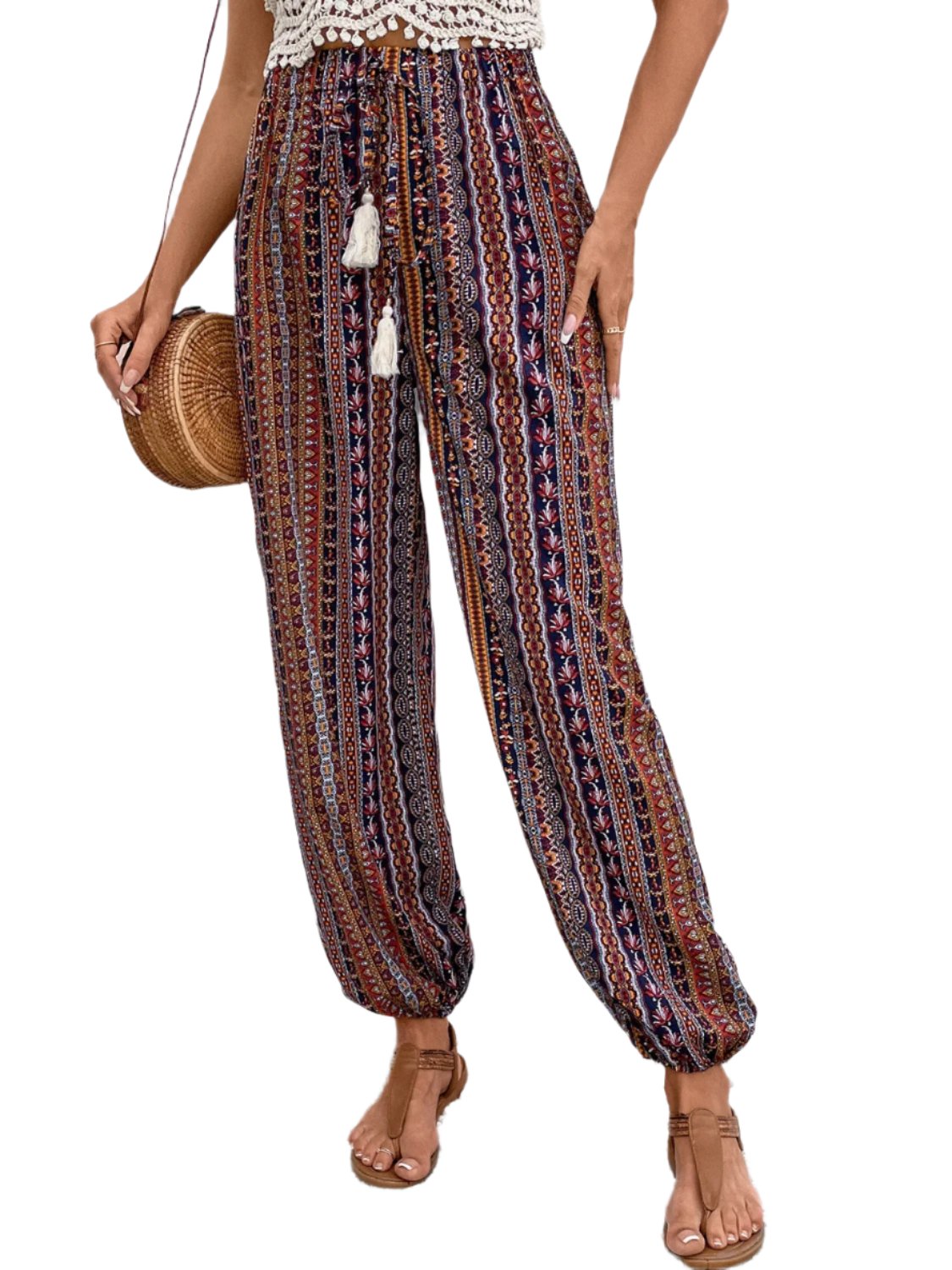 TEEK - Brown Tassel Printed High Waist Pants PANTS TEEK Trend S  