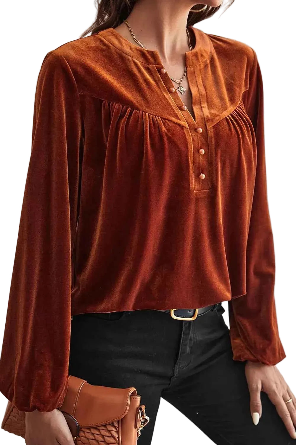 TEEK - Velvet Button-Front Long Sleeve Blouse TOPS TEEK Trend Caramel S