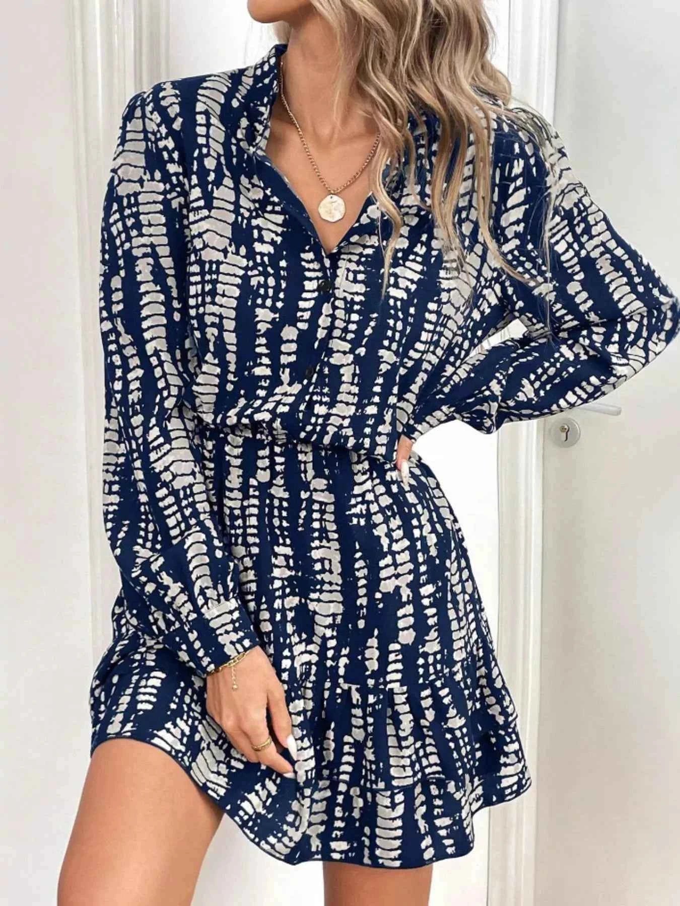 TEEK - Ruffled Hem Long Sleeve Mini Dress DRESS TEEK Trend Dark Blue S