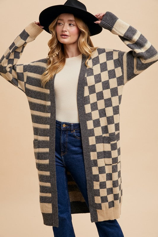 TEEK - Dark Grey Checkered Striped Open Front Long Sleeve Cardigan SWEATER TEEK Trend