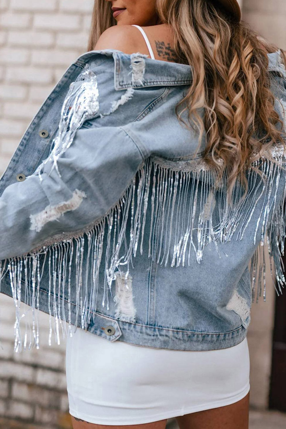 TEEK - Sequin Fringe Trim Distressed Button Up Denim Jacket JACKET TEEK Trend