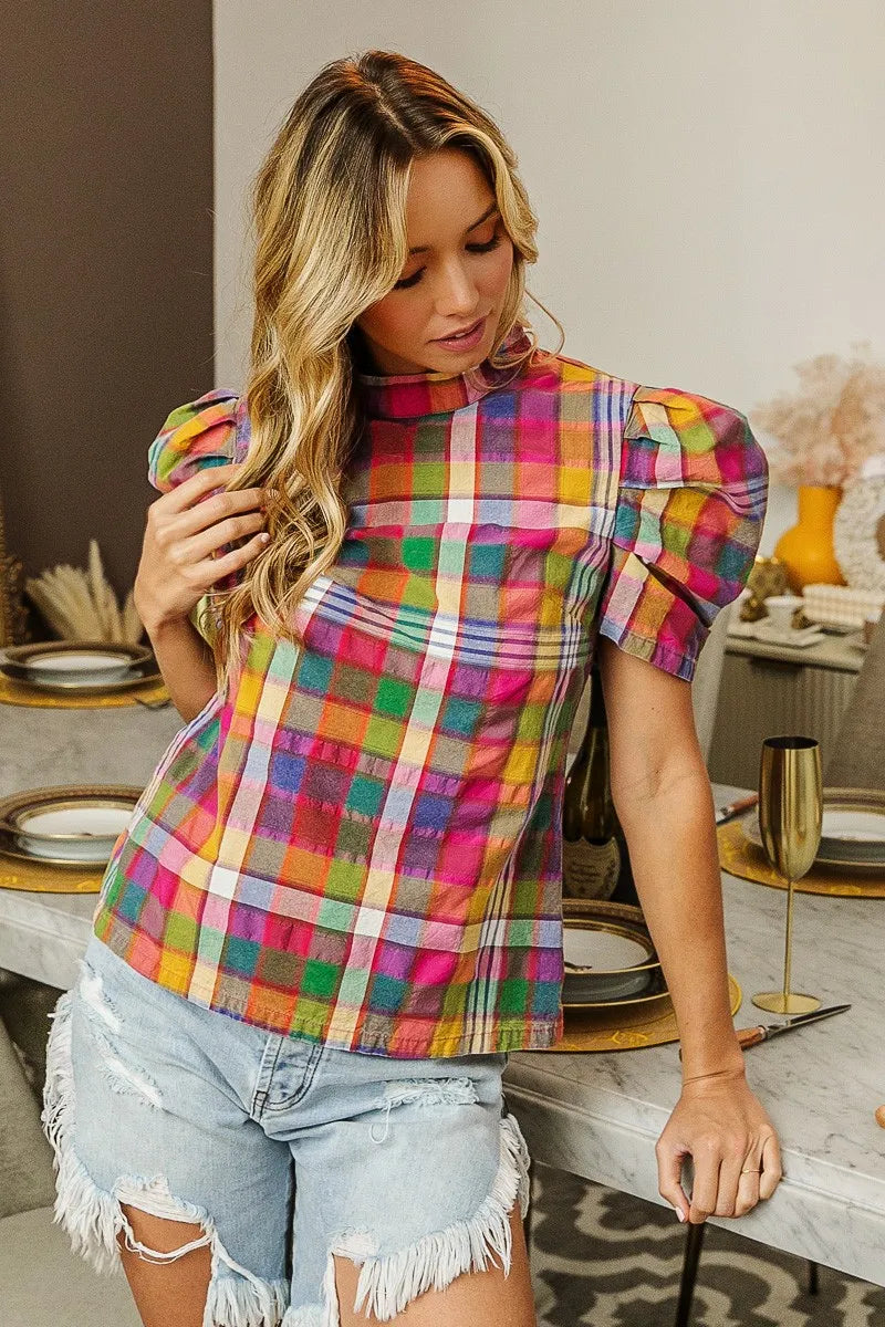 TEEK - Stained Glass Short Puff Sleeve Washed Vintage Plaid Top TOPS TEEK Trend