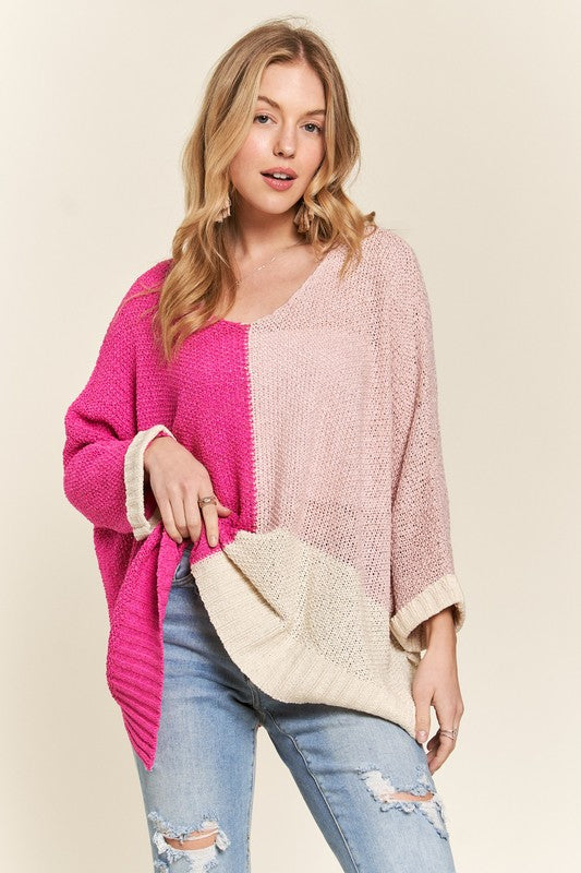TEEK - Hot Pink Side Slit Color Block Long Sleeve Sweater TOPS TEEK Trend