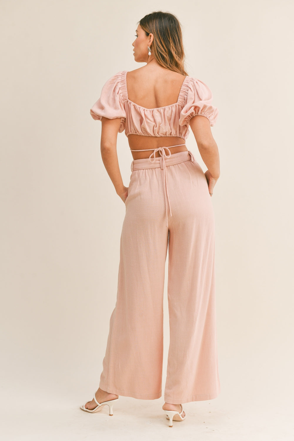 TEEK - Dusty Pink Cut Out Drawstring Crop Top Belted Pants Set SET TEEK Trend   
