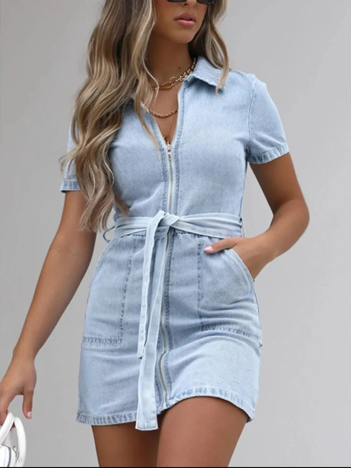 TEEK - Full Size Zip Front Short Sleeve Denim Dress DRESS TEEK Trend