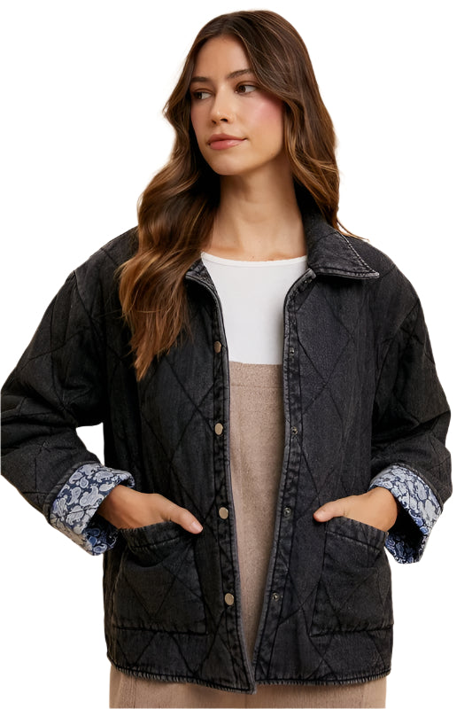 TEEK - Black Quilted Printed Lining Snap Down Denim Jacket JACKET TEEK Trend S