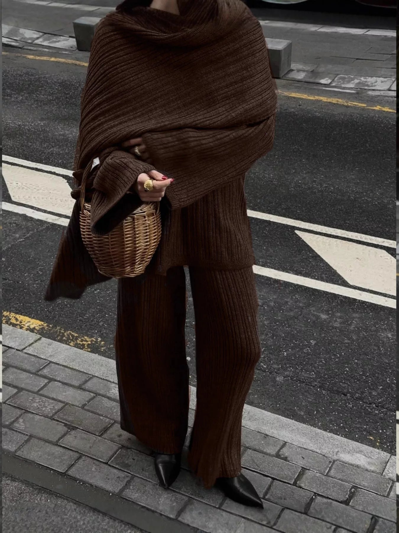 3-Piece Crew Neck Ribbed Sweater and Wide-Leg Pants Set with Scarf Trendsi